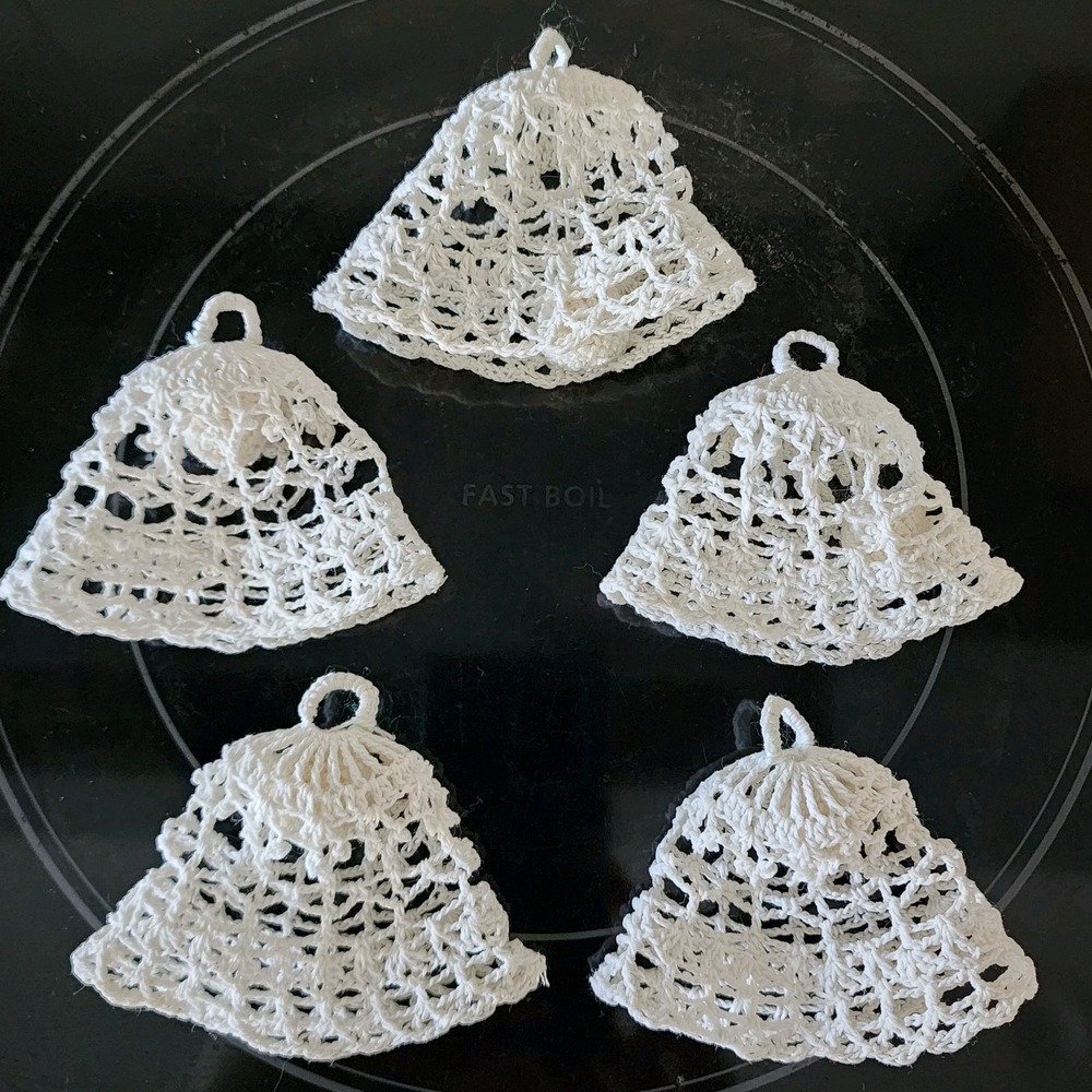 Vintage‎ Crochet Bell Christmas Ornaments Lace White Handmade Retro 70s Starched
